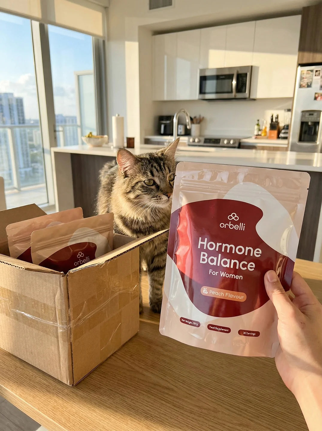 Hand holding an Orbelli Hormone Balance supplement pouch next to a delivery box and a cat