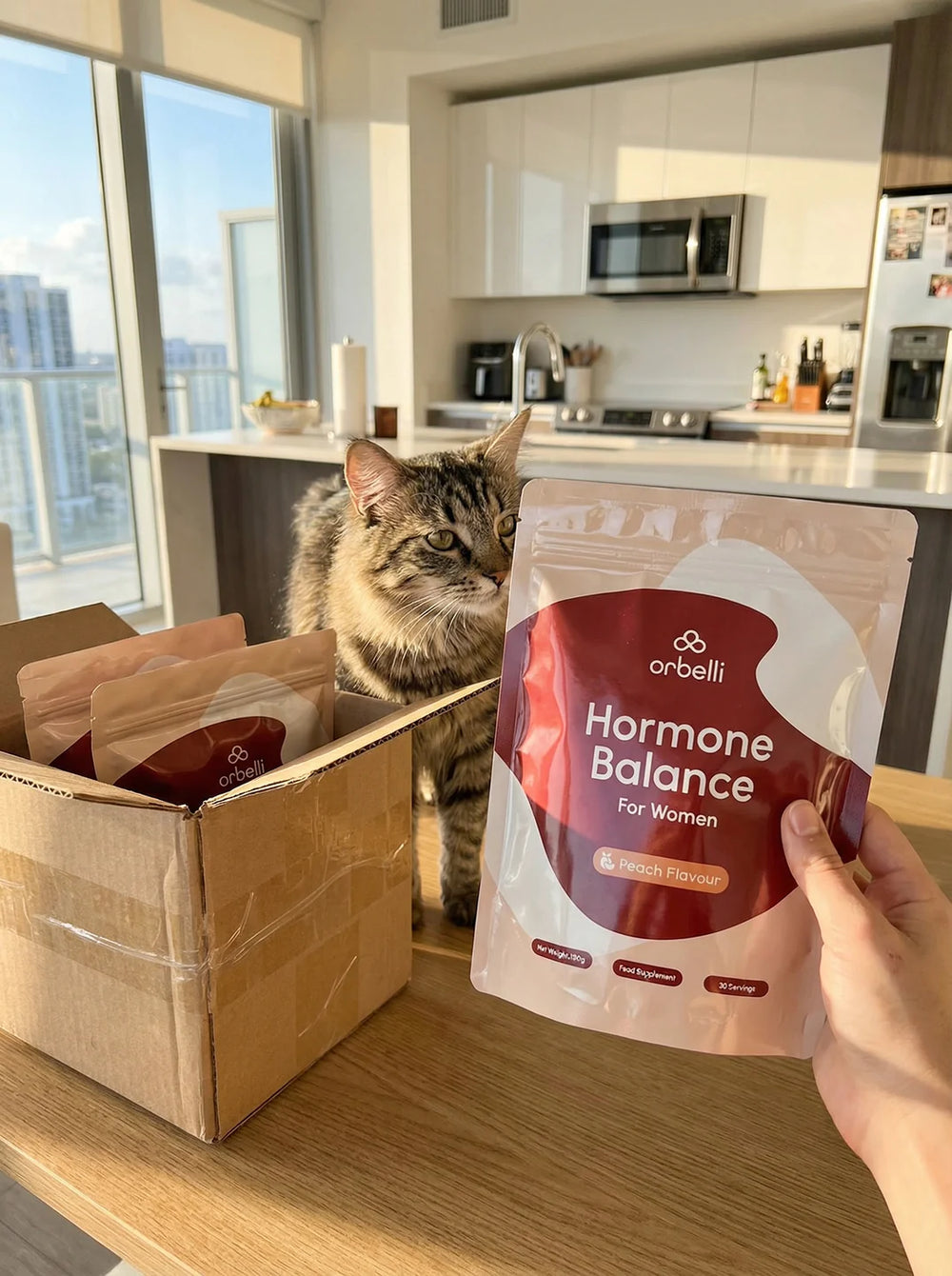 Hand holding an Orbelli Hormone Balance supplement pouch next to a delivery box and a cat